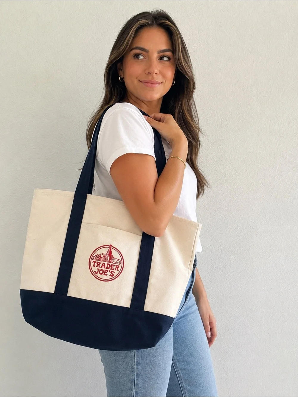 Trader Joe’s Large Canvas Tote Bag Black & Natural Embroidered Logo